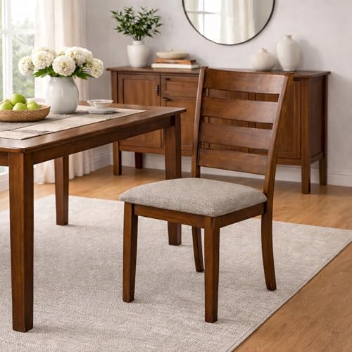 Image of Traditional Dining Chairs, Set of 2, Dirty Oak Finish with Greige Polyester Upholstered Seats Solid Rubberwood