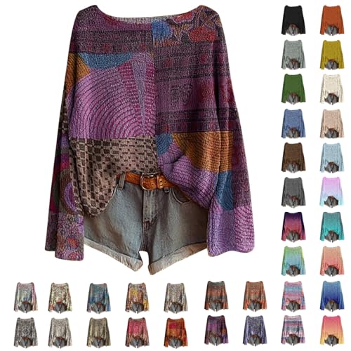 Boho Vintage Sweater for Women Plus Size Oversized Knit Tops 2025 Fall Plain Colorful Long Sleeve Sweatshirt Grandpa Sweaters