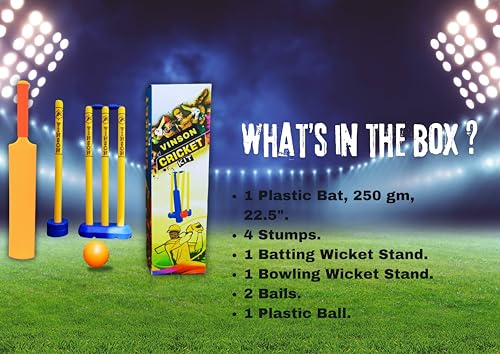 Image of Vinson Junior Cricket Kit Set - Pack Includes Stumps, Wickets, Stands, Bat and Ball | Durable Constructions & Designed for Juniors | Indoor & Outdoor Cricket Playing Set for Kids | Birthday Gift