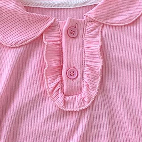 Girls Crop Top Dance Shirt Lapel Collar Ruffle Button Down Solid Summer Ribbed Clothes Kids Thin Comfy Stretchy Tees3