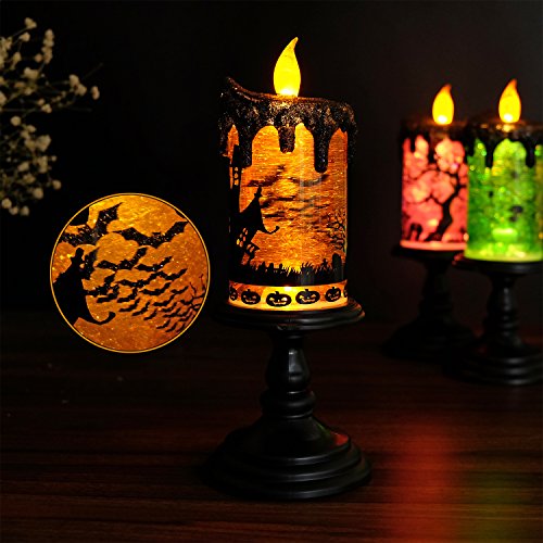 Image of Eldnacele Halloween Snow Globe Candles Lighted Lamp, Battery Operated Spooky Spinning Water Glittering Tornado Candle Flameless Candles Table Centerpiece for Halloween Decoration Indoor(Castle)