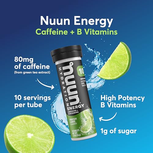 Image of Nuun Energy Caffeine + B Vitamins, Electrolyte Hydration Tablets with Caffeine from Green Tea Extract, Magnesium & 4 Other Electrolytes, Gluten Free, Vegan, Fresh Lime, 8 Pack (80 Servings Total)