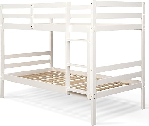 GOFLAME Litera individual sobre individual, litera de madera con escalera ancha, barandilla alta de seguridad, marco de madera maciza, listones