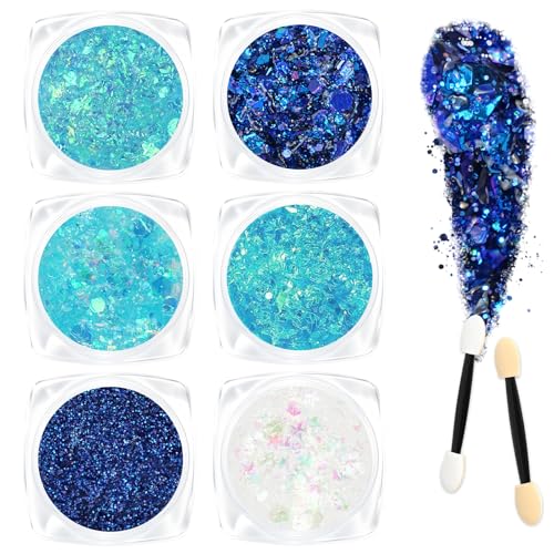 AOOWU Gel de Purpurina, 6 Piezas Brillantes para la Cara, Gel Corporal con Purpurina para Rostro y Cuerpo, Autoadhesivo, Carnaval Glitter Maquillaje para Festival, Mascarada y Fiesta (Azul)