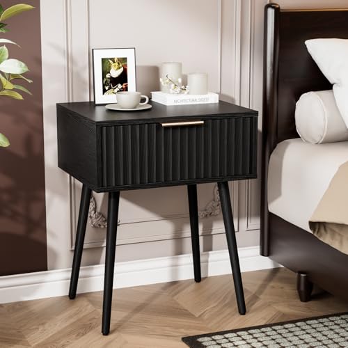 Image of VINGLI Nightstands Set of 2, Fluted Night Stand with Drawer, Bedside Table, Wood Nightstand for Bedroom, Mid Century Modern End Tables, Black, 18.9 inch W*14.96 inch D*24 inch H