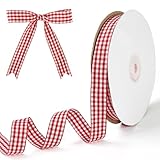 PQZKLDP Cinta de arpillera a cuadros roja y blanca de 5/8' x 45.7 m - Cinta de poliéster a cuadros de búfalo con borde...