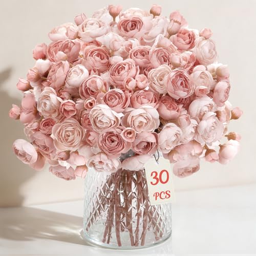 Alupssuc 30Pcs Ranunculus Artificial Flowers Faux Silk Mini Ranunculus, Spring Flowers Artificial Indoor for DIY Bouquets, Bulk Fake Wedding Filler Flowers for Bride Shower Decorations, Dusty Rose