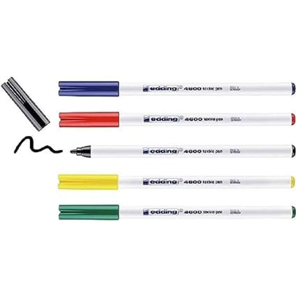 edding 4600 rotulador textil - negro, rojo, azul, verde, amarillo - juego de 5 - punta redonda de 1 mm - rotuladores textiles permanentes, resistentes a lavados de hasta 60 °C
