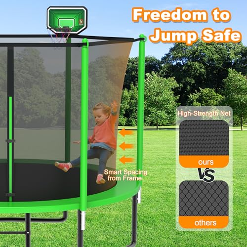 DeepRoar Tranpoline for Kids and Adults, 1500LBS 16FT 15FT 14FT 12FT 10FT 8FT Tranpoline with Basketball Hoop, Safety Enclosure Net, Heavy Duty Tranpoline with Light, Sprinkler, Socks, ASTM Approved