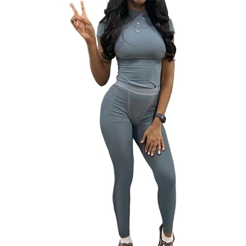 AYWA Two Piece Outfits for Women Fitted Crew Neck T-shirt High Waist Leggings Biker Shorts Matching Sets Streetwear
