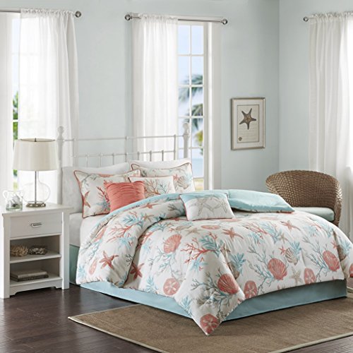 Island Living Coral & Teal Seashells, Starfish, Beach Queen Comforter Set (7 Piece Bed in A Bag)