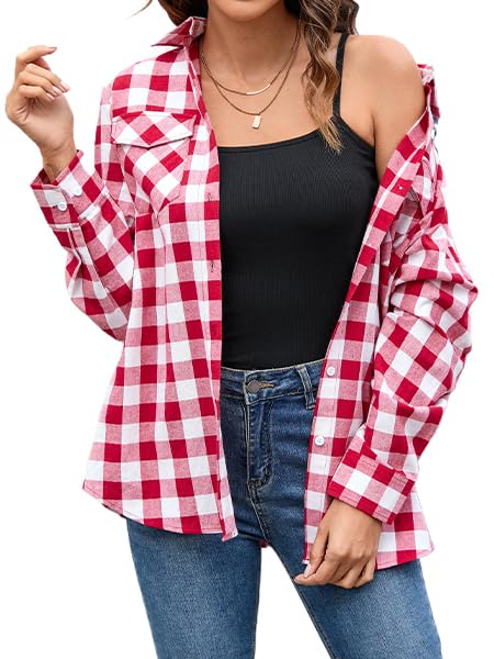Stamain Chemise a Carreaux Rouge Femme Chemise à Boutons à Manches Longue Country Top à Enrouler Décontracté Bureau Classique Fête avec Poches XL