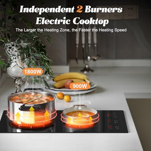 Image of 2 Burner Electric Cooktop - 2000W 12 Inch Electric Stove Top Built-in & Countertop, 110V Portable Two Burner Electrical Cook Top with Safety Lock, 180-Min Timer, Touch Control, 110V Plug in