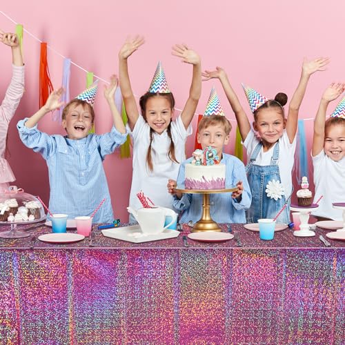 FunnyPars 3 Pack Pink Iridescent Table Cloth for Parties, Pink Plastic Shiny Laser Table Covers, Disposable Holographic Foil Tablecloth Iridescent Party Decorations for Girl Birthday Wedding, 54x108 by FunnyPars - Used condition - Image 6