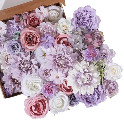 Floweroyal 36 Pcs Artificial Flowers Combo Purple Flowers Mix Silk Flowers Dahlia Roses with Stems for Wedding Bridal Bouquets, Baby Shower, Floral Arrangement, Table Centerpieces