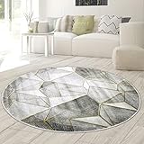 Teppich-Traum kreisförmiger Designerteppich | unempfindlich | geometrisches Muster in grau Gold, Größe 160 cm rund