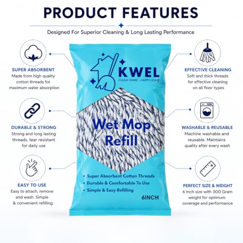 Image of KWEL Super Absorbent Cotton Wet Mop Refill 6 Inch (300 GM) Pack of 1(Blue & White) | Heavy Duty Floor Cleaning Mop Refill for Home, Office, Kitchen & Tiles