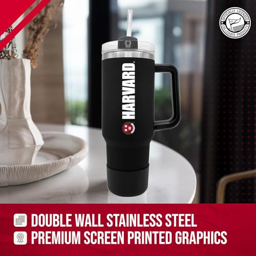 Image of Campus Colors College & University 40 oz Travel Tumbler With Handle - Dual Option Lid With Straw - Vacuum Insulated Stainless Steel (Harvard Crimson - Black)