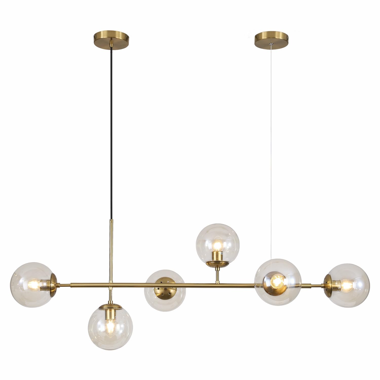 SYAXVOM 6-Light Globe Chandelier Amber Glass Pendant Fixture Gold Brass Modern Kitchen Island & Dining Room Ceiling Light Stylish Sputnik Design Elegant Home Lighting
