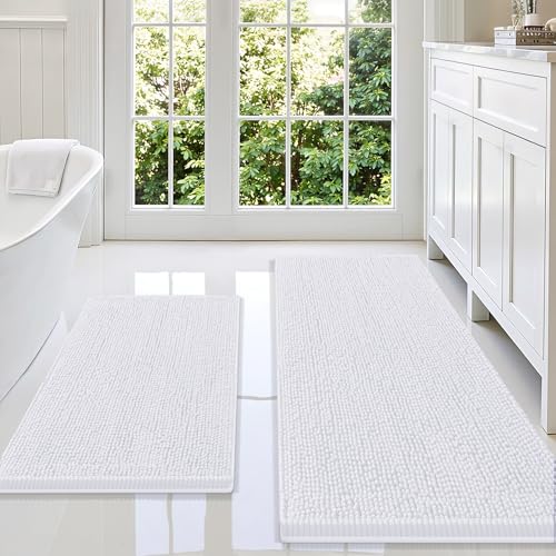 Image of Smiry Bathroom Rugs Sets 2 Piece, Soft Absorbent Chenille Machine Washable Non Slip Shaggy Bath Rug Set for Tub, Shower, and Floor (59x20+30x20, White)