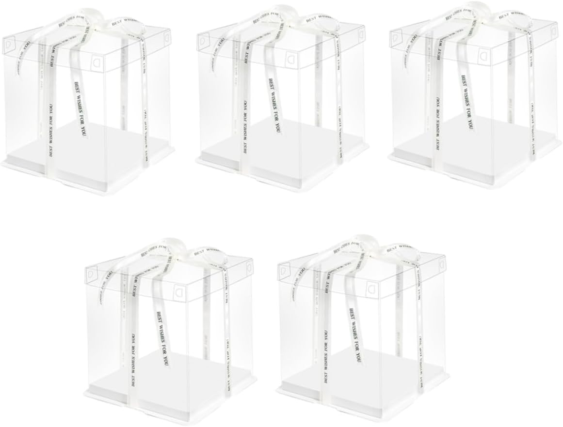 5pcs 8-inch Elevated Square Cake Boxes with Ribbon, Cake Packing Case and Dessert Storage Container for Birthday and Packaging