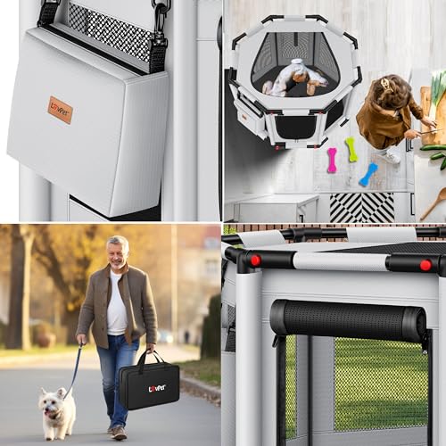 LOVPET® Welpenlaufstall drinnen draußen Welpenauslauf Hunde-Käfig Oxford-Gewebe Tier-Laufstall Kleintier Katzen Freigehege Rahmen PVC-Rohr mit Tasche, 3X Kauknochen & 10 Pad, M 72x72x43cm, Grau