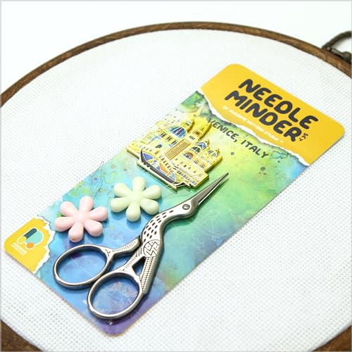 Image of Awesome Pattern Studio Needle Minder Set - Venice Magnetic Needle Minder + 2 Needle Threaders + Crane Scissors. Enamel Pin for Cross Stitch, Embroidery and Craft