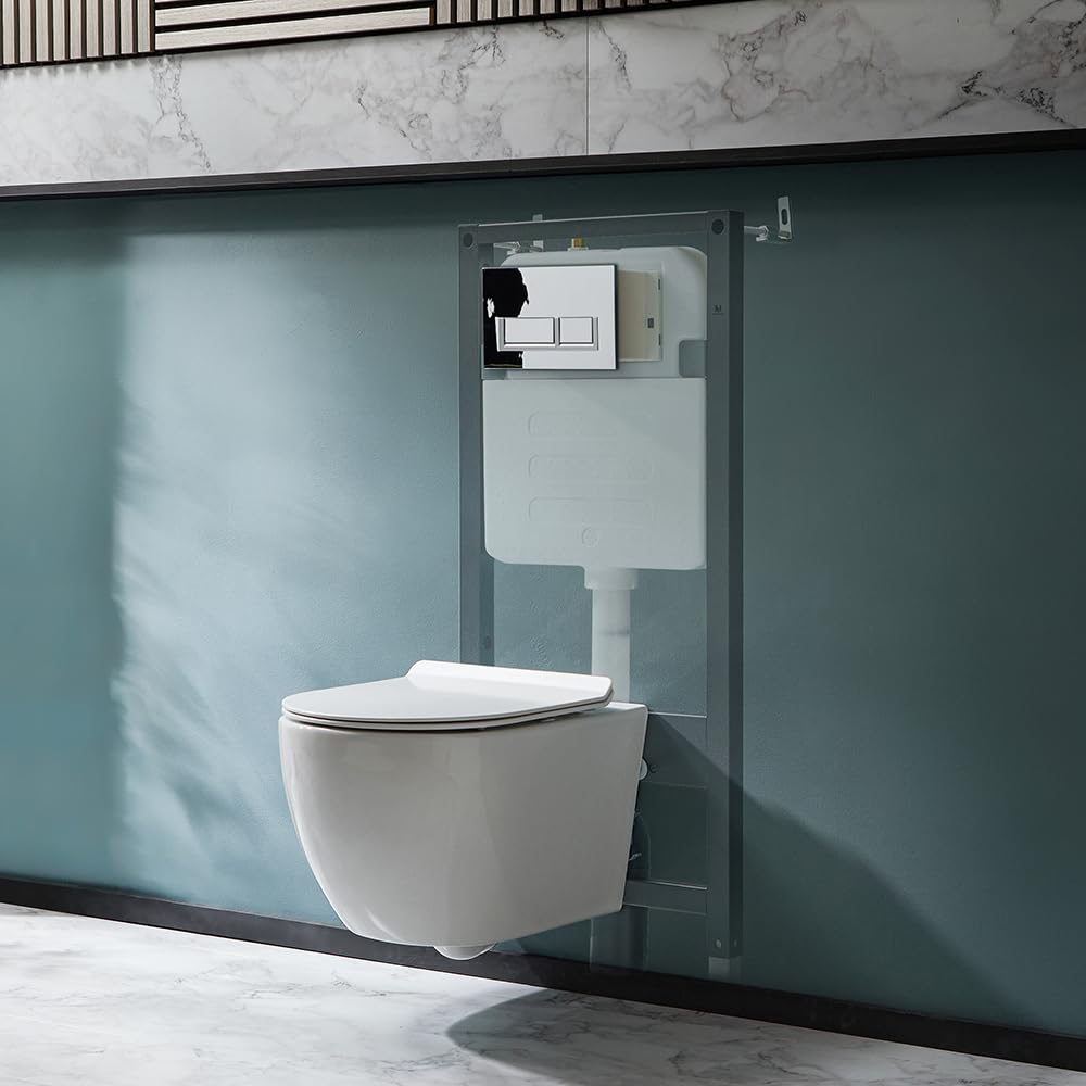 Milano Overton Wall Hung Rimless Toilet Tall Frame Dual Flush Cistern - Chrome Rectangular Plate