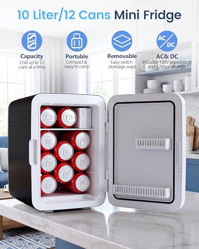 Image of Electactic 10L Compact Mini Fridge, Portable Small Refrigerator, Small Cosmetics Cooler, 2.6 Gal Mini Fridge with AC /DC Adapters for Beverage, Food, Makeup, Bedroom, Office, Dorm, Classic Black