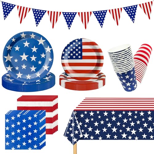 127Pcs 4th of July Plates and Napkins Sets, 4th of July Decorations American Flag Patriotic Party Supplies Disposable Paper Plates for Memorial Day Veterans Day Independence Day Party Decorations