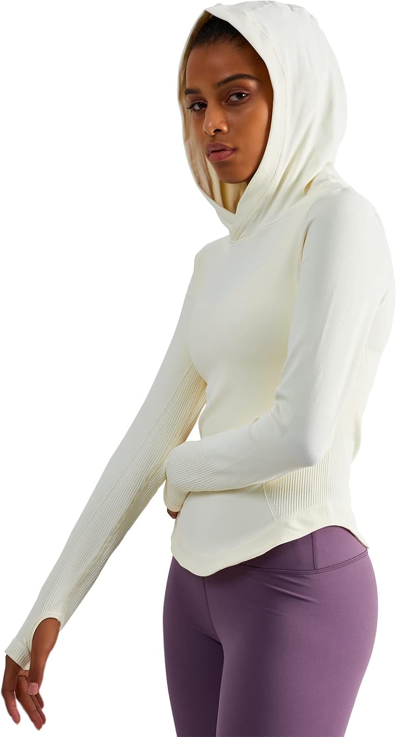 Womens Hooded Athletic Long Sleeve Running Shirts Workout Yoga Tops with Thumb Holes Slim Fit - Image 5