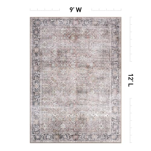 Rugshop Olive/Gray Vintage Distressed Large Area Rug — Machine Washable, 9'x12' for Living Room, Dining Room and Bedroom