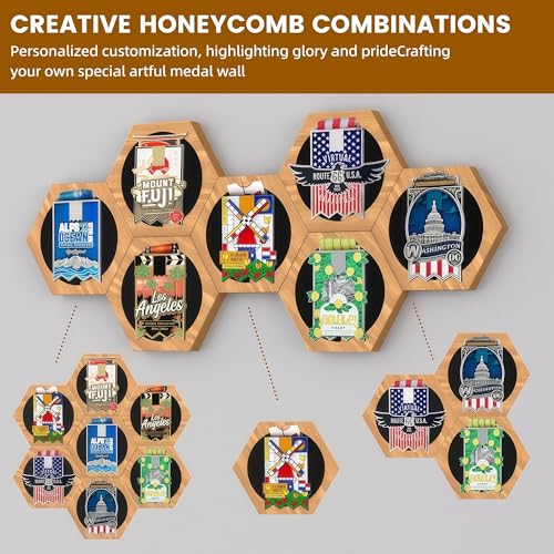 Image of Medal Hanger Display - Honeycomb Marathon Medal Hanger, Race Medal Holder Rack for Wall with No-Drill Adhesive Mounting, Stylish Holder for Running Medals