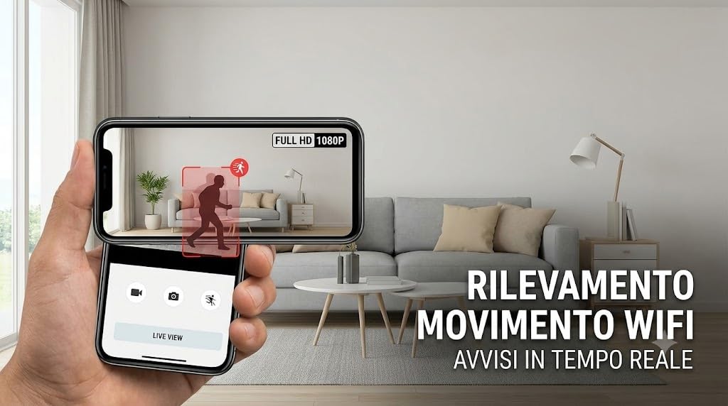 Mini Telecamera WiFi Full HD 1080p, Nera, con Rilevamento Movimento, Batteria Integrata, Controllo via App, Micro Obiettivo 3mm