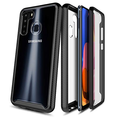 E-Began Galaxy A21 Case, Full-Body Protective Rugged Black Bumper Cover with Built-in Screen Protector, Clear Back, Shockproof Impact Resist Durable Phone Case for Samsung Galaxy A21 -Black
