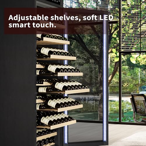 Image of KEIKI Freestanding Wine Refrigerator with Wood Cabinet, 102 Bottle Single Zone Wine Cooler, Humidity Control Tempered Glass Door, LED Light Lockable Pull-Out Shelves, for Home Bar Kitchen, Black