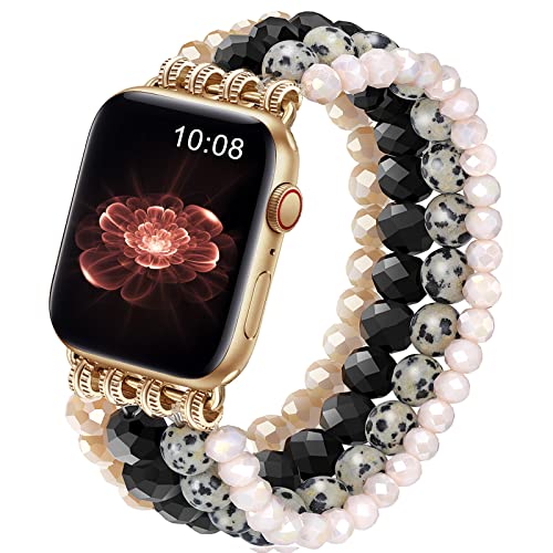 Beaded Bracelet Compatible for Apple Watch Band 38mm 40mm 41mm 42mm 44mm 45mm Women Girls, Handmade Elastic Stretch Strap, Fashion Solo Loop for iWatch Band Series 8/7/SE/6/5/4/3/2/1