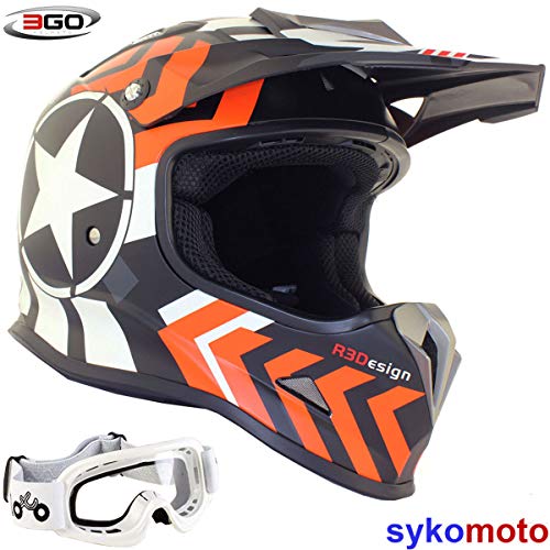 3GO X15 NIÑOS CASCO NARANJA RAYAS ESTRELLA MOTO SUPERCROSS TRAIL MINI DIRT PIT BICI CON GAFAS BLANCO (2X-Small)