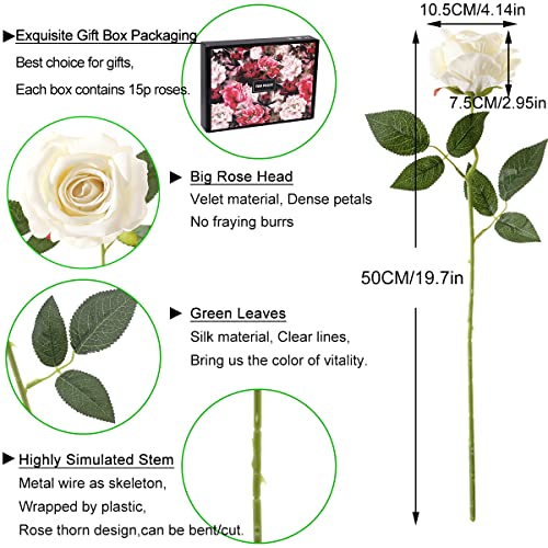 Cloudecor 15Pcs Artificial Roses Velet Real Touch Single Stem Fake Roses Silk Realistic Bouquet Flowers Arrangements Home Office Garden Grave Party Wedding Decoration(Cream White-15P, Blossom Roses) #TOP5