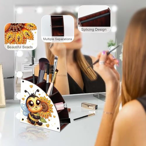 Image of Bee and Sunflower Diamond Painting Organizer - DIY Wooden Multi-Compartment Desktop Storage Box, Rustic Tabletop Craft Kit for Adults Home or Office Use