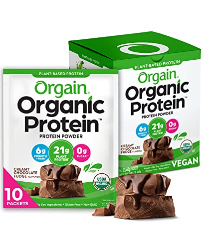 Orgain Organic Vegan Protein Powder, Creamy Chocolate Fudge - 21g Plant Protein, 6g Prebiotic Fiber, Low Carb, No Lactose Ingredients, No Added Sugar, Non-GMO, For Shakes & Smoothies, 10 Travel Packs