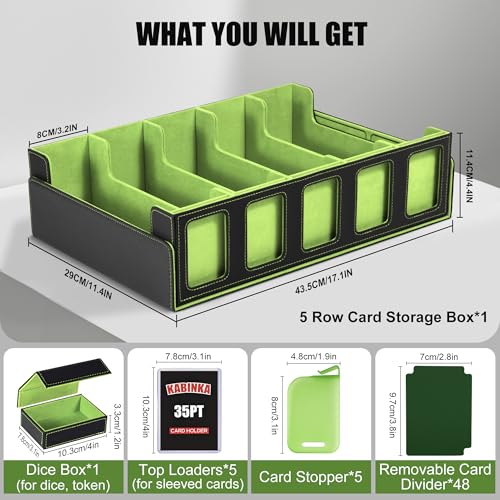 Image of Kabinka Card Storage Box with Commander Display, 5-Row Deck Case with Removable Lid; 3900+ Card Deck Box for MTG Sports Cards, 5 Top Loaders, 5 Stoppers, 48 Dividers,1 Dice Tray (Black & Lemon Green)