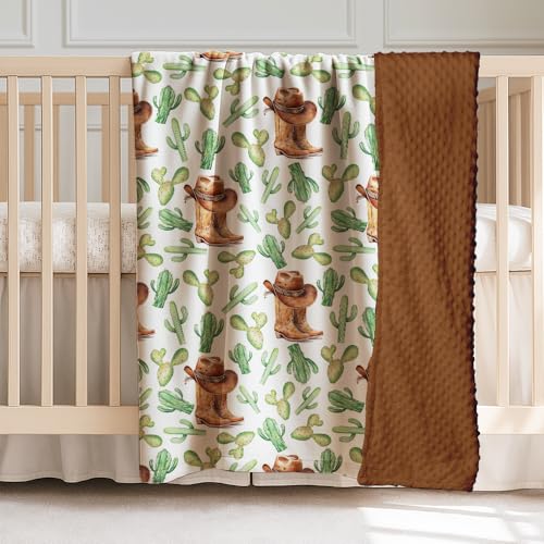 Image of Western Baby Blanket with Cactus, Cowboy Minky Blankets for Boys Girls, Double Layer Dotted Backing, Nursery Room Decor, Soft Warm Lightweight Nursery Bed Blanket for Newborn Toddlers Son Daughter