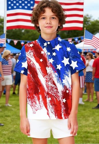 Image of 4th of July Shirts for Girls Boys American Patriotic Tshirt Kids Hawaiian Button Down Tops