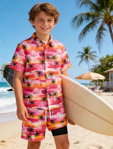 Image of UNICOMIDEA Boys Hawaiian Outfits Tropical Print Button Down Shirt + Swim Trunks 2 Piece Sets for 5-12T Kids