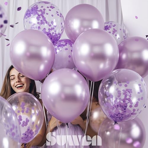 Image of SUWEN Metallic Lavender and Confetti Balloons Set 47PCS Light Purple Latex | Helium Chrome Balloon for Birthday Anniversary Party Decorations