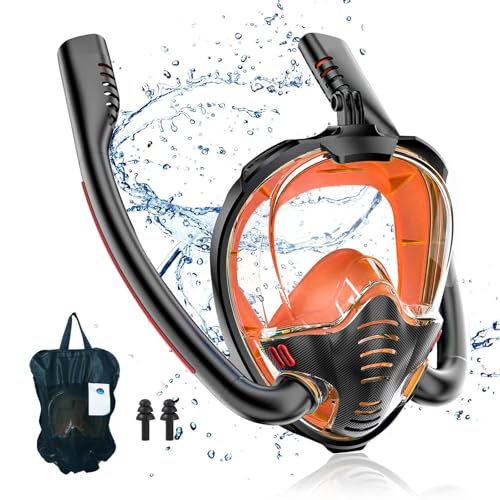dellyy Máscara de Buceo, 180° Panorámica Mascara Buceo, Anti-Vaho Anti-Fuga Mascara Snorkel, Máscara de Snorkel Integral para Adultos y Niños, con Tapones para los oídos Impermeables (Naranja, L/XL)