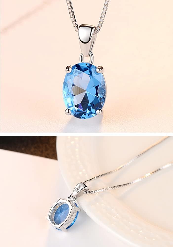 925 Sterling Silver Simulated Swiss Blue Topaz Pendant Necklace and Earrings for Women, CZ Oval Cut Nano Gemstone Costume Jewelry Set with Gift Box - Image 2