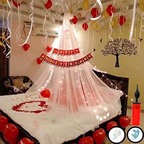 Hemito 46 Pc Tent Romantic Decoration Set – Red White Yellow Balloons LED Light and Back Drop White Curtains Red Foil Heart | bedroom decoration items| cocomelon theme Romantic party decorations banner