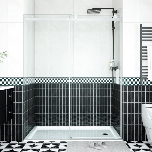 Image of 44-48 inch W x 76 inch H Frameless Sliding Shower Door, 5 /16 inch (8mm) SGCC Tempered Glass with Explosion-Proof Safety Film, Easy-Clean Coating & 304 Stainless Steel Hardware, Brushed Nickel